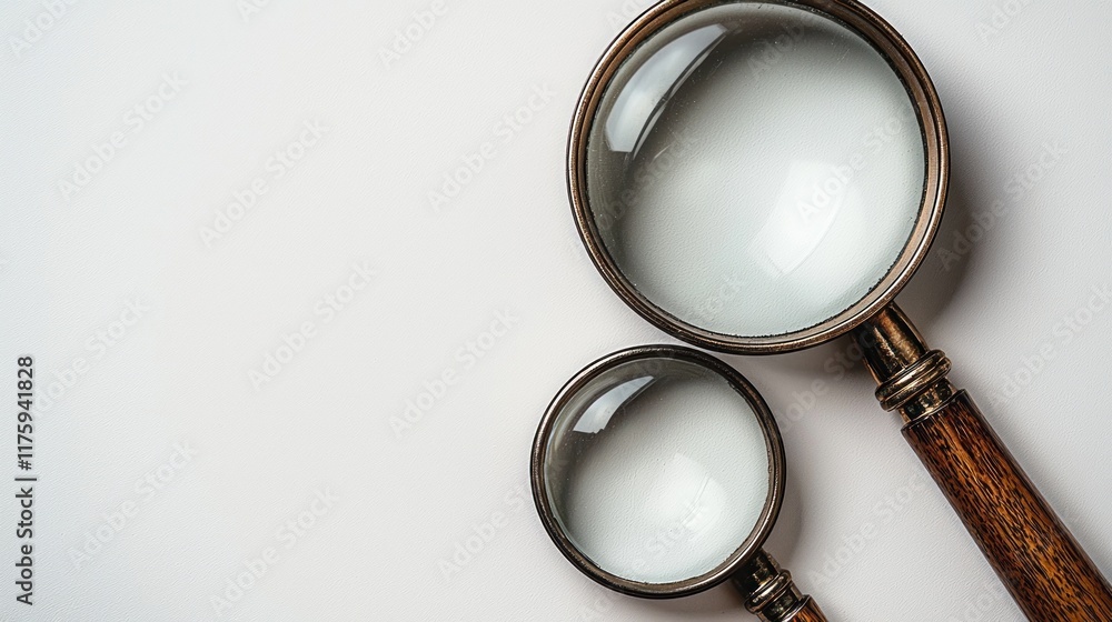 Fototapeta premium Two magnifying glasses of different sizes on a plain background.