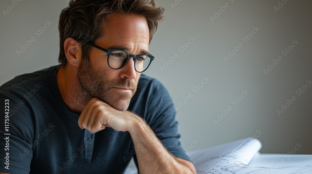 Naklejka premium Looking thoughtfully at a set of architectural blueprints, his hand resting on his chin, a contemplative expression on his face, against a plain background.