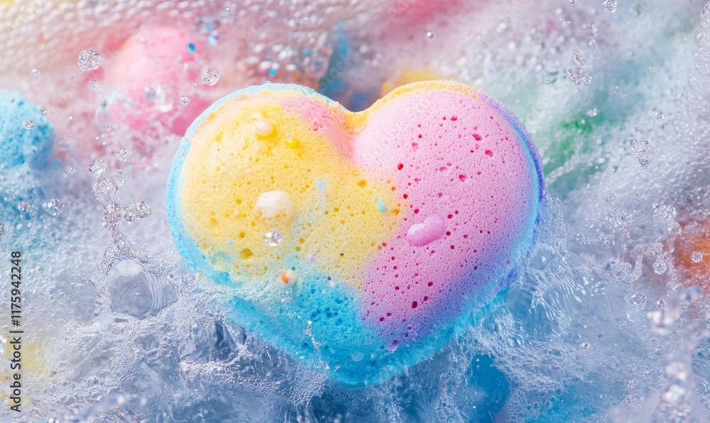 Obraz premium Pastel colored heart shape bath bomb dissolves in water