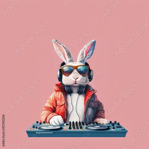 a cool male easter bunny, with sunglassesn as a dj, in neon light - - Generative AI	
 photo