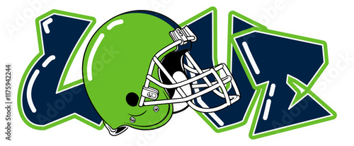 Love - Navy blue and neon green football player helmet, sport vector graphics, hockey, for street art - graffiti lettering typography - art illustration - multicolor - writen Word -	