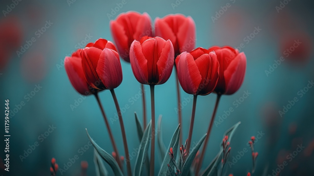 Fototapeta premium Five red tulips in bloom, close-up.