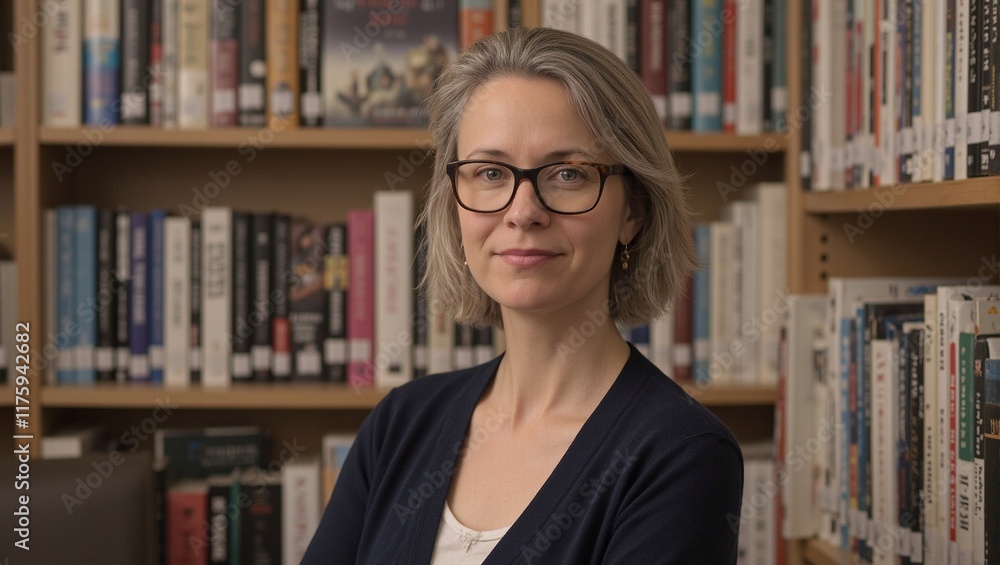 Friendly librarian in cardigan and glasses ready to help surrounded by neatly organized bookshelf Friendly librarian in cardigan and glasses ready to help surrounded by neatly organized bookshelf