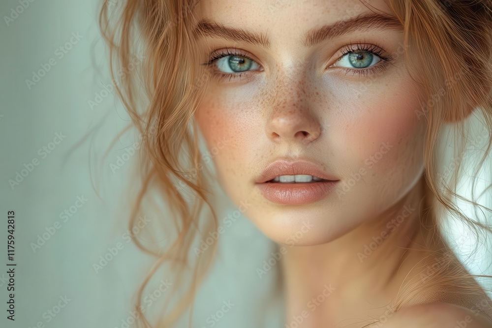 portrait of a beautiful caucasian woman with radiant, healthy skin, capturing the essence of beauty and skincare. soft lighting enhances her features, creating an inviting and serene atmosphere portrait of a beautiful caucasian woman with radiant, healthy skin, capturing the essence of beauty and skincare. soft lighting enhances her features, creating an inviting and serene atmosphere