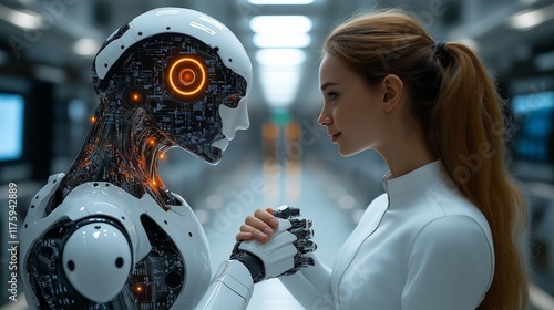 A human and a humanoid ai robot looking at each other, symbolizing trust, artificial intelligence, and the evolution of human-machine relationships in a futuristic setting. photo