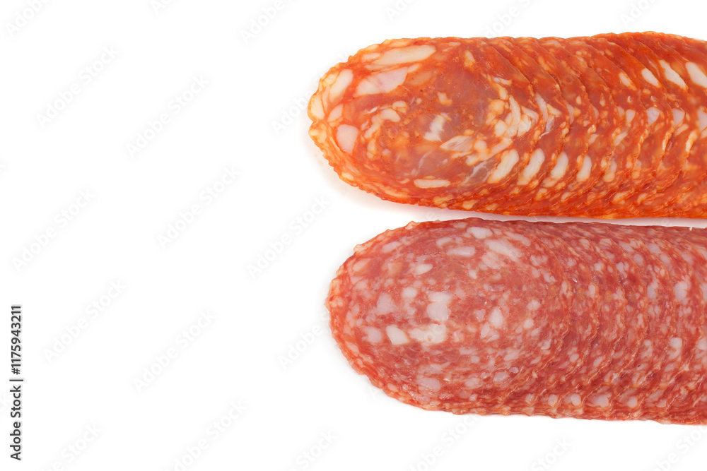 Salami smoked sausage, isolated on white background. Salami smoked sausage, isolated on white background.