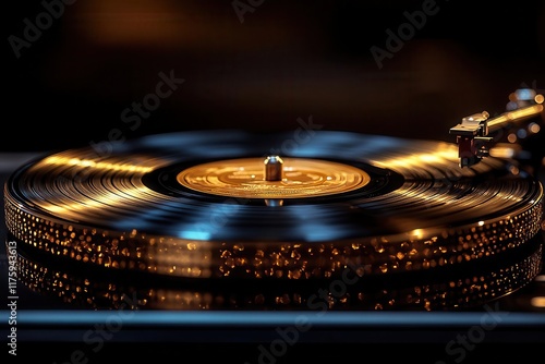 realistic depiction of a melodic gold vinyl record spinning gracefully on a vintage gramophone, showcasing the nostalgic charm of disco music and sound media photo