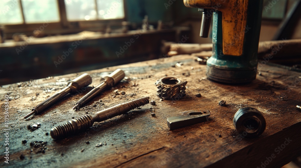 Close-Up View of Various Hand Tools and Metal Parts on a Rustic Carpenter's Workbench Surrounded by Wood Shavings and Natural Light Close-Up View of Various Hand Tools and Metal Parts on a Rustic Carpenter's Workbench Surrounded by Wood Shavings and Natural Light