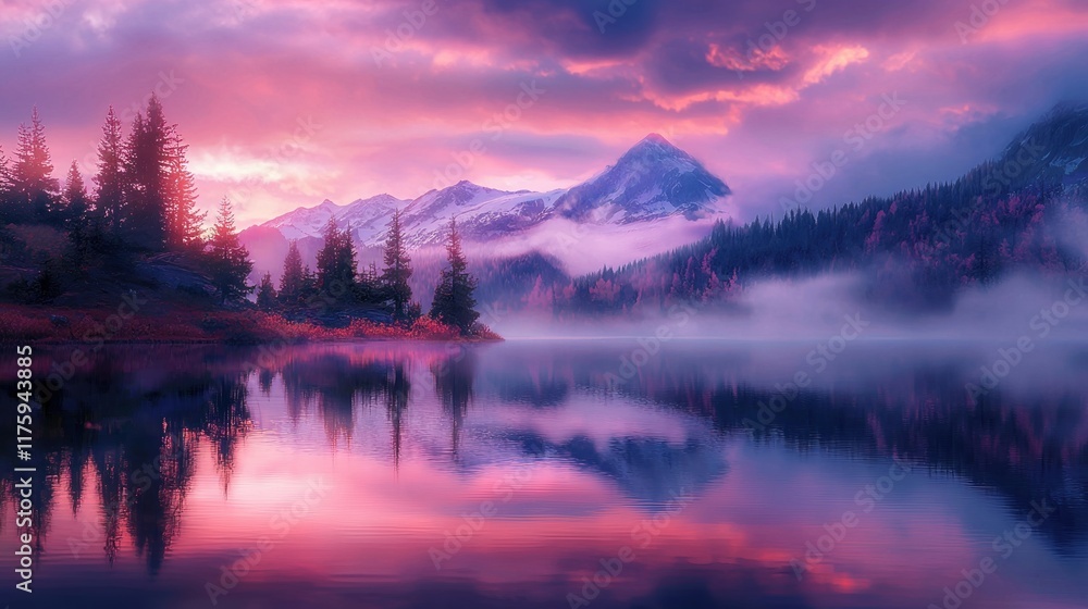Fototapeta premium Serene sunset at mountain lake with colorful sky reflecting in calm waters