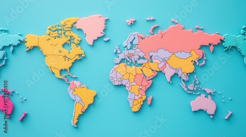 Fototapeta Naklejka Na Ścianę i Meble -  A colorful world map puzzle against a turquoise background, showcasing continents in vibrant hues, perfect for educational or decorative purposes.