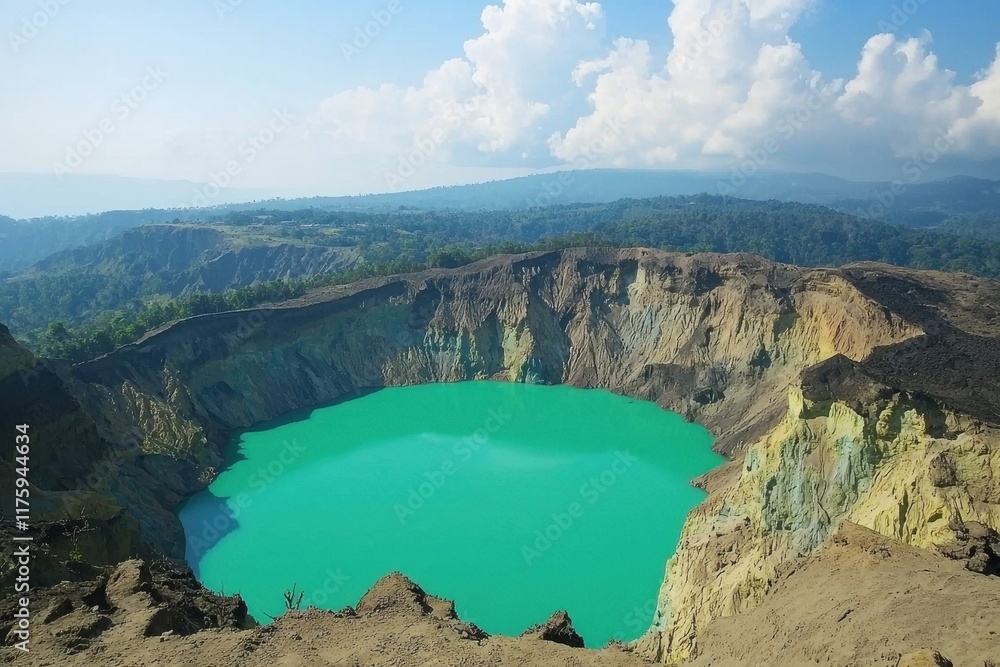 Fototapeta premium Volcanic Crater Lake: The vibrant green waters of a volcanic crater lake