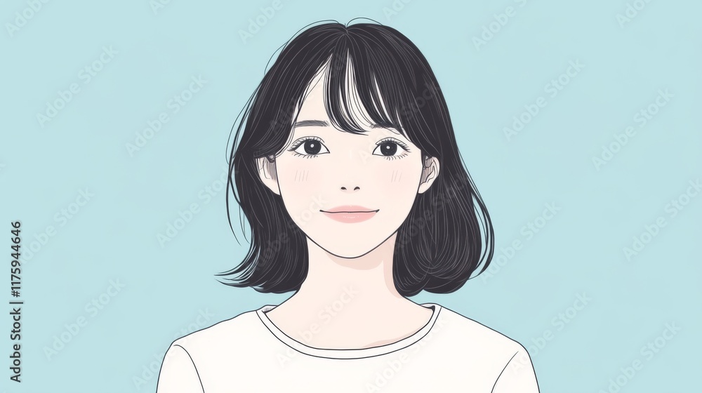Illustration of a young woman with short black hair and a gentle smile, wearing a white t-shirt against a light blue background. Illustration of a young woman with short black hair and a gentle smile, wearing a white t-shirt against a light blue background.