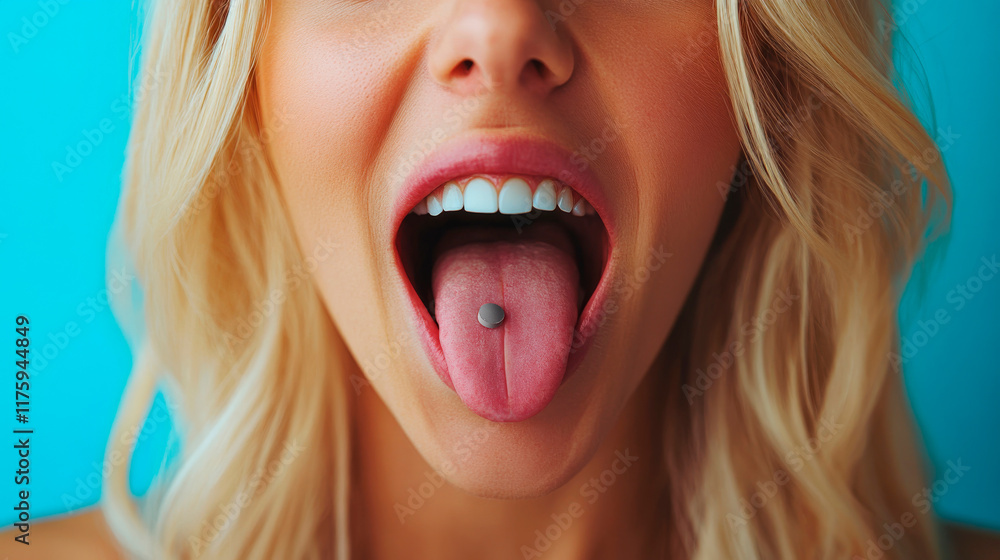 Close-up of a blonde woman with a pill on her tongue. Blonde woman showing a small pill in the middle of her tongue.