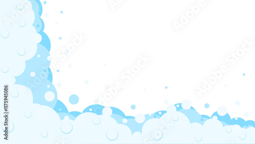 Foam bubbles frame. Cartoon bubbles of shampoo, bubble bath, soap border background. Cleaning products Vector illustration