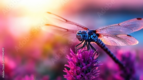 A dragonfly perched on a beautiful flower during sunset showcases vibrant colors and serene beauty, a perfect representation of nature's delicate creatures and their habitat.