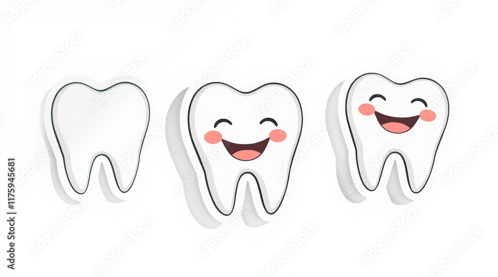 Happy teeth illustrations, perfect for dental health campaigns or children's resources. A simple, clean design with three variations, a blank, smiling, and laughing tooth. Happy teeth illustrations, perfect for dental health campaigns or children's resources. A simple, clean design with three variations, a blank, smiling, and laughing tooth.