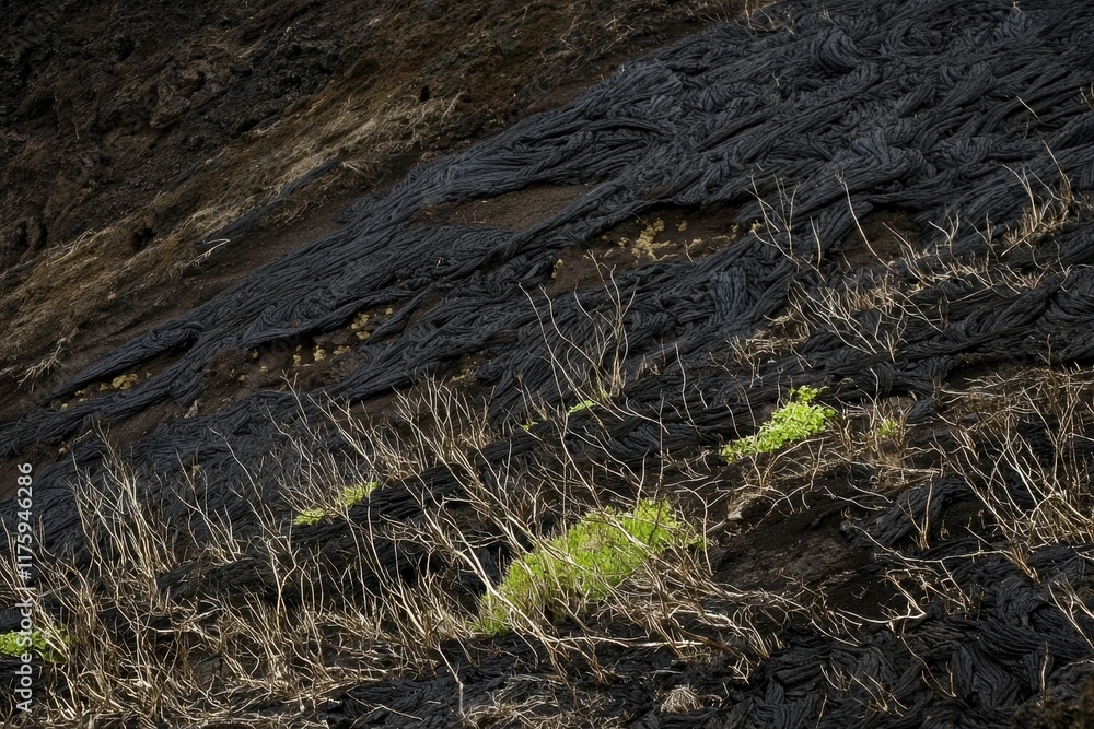 Volcanic Lava Flow: A stark, black volcanic lava flow with sparse vegetation struggling to grow Volcanic Lava Flow: A stark, black volcanic lava flow with sparse vegetation struggling to grow