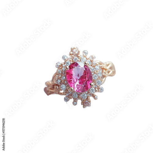 Delicate pink fantasy ring set on a soft transparent background adorned with gentle floral accents, Enchanting Pink Fantasy Ring on a Delicate transparent background photo