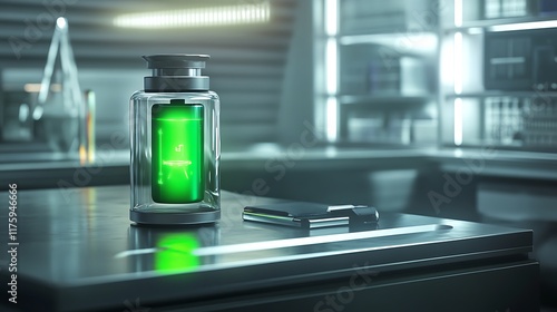 Battery emoji with a glowing green charge  sitting on a sleek metallic desk in a futuristic lab photo