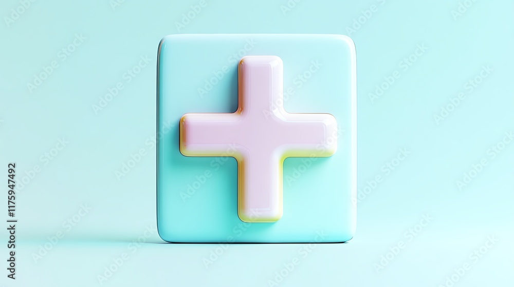 Fototapeta premium A colorful plus icon on a soft blue background, symbolizing addition, healthcare, and positivity in design.