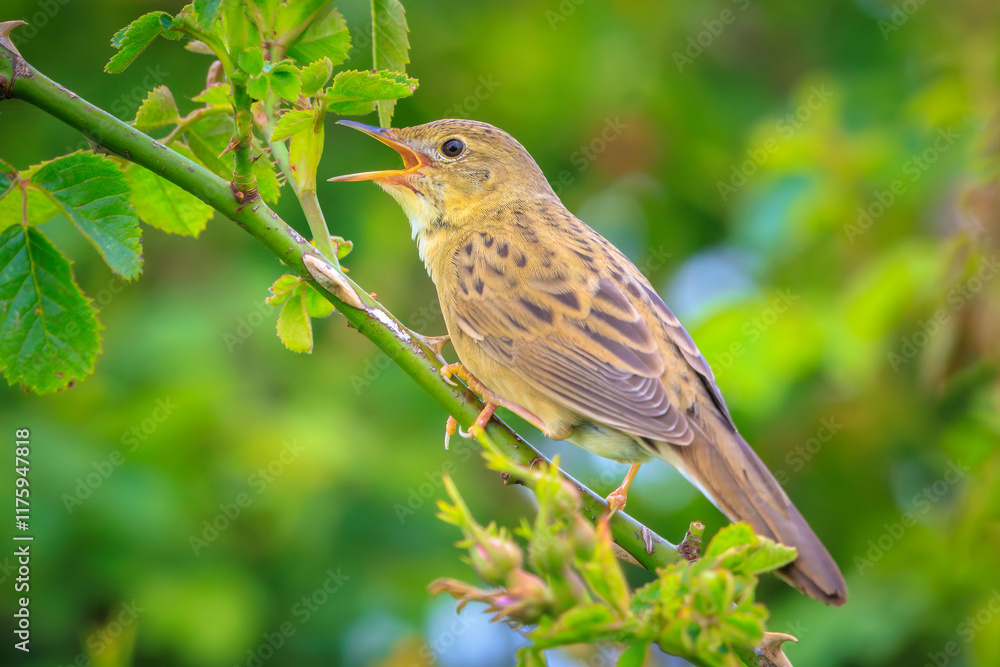 Singing Common Grasshopper warbler bird Locustella naevia in search for a mate during spring season Singing Common Grasshopper warbler bird Locustella naevia in search for a mate during spring season