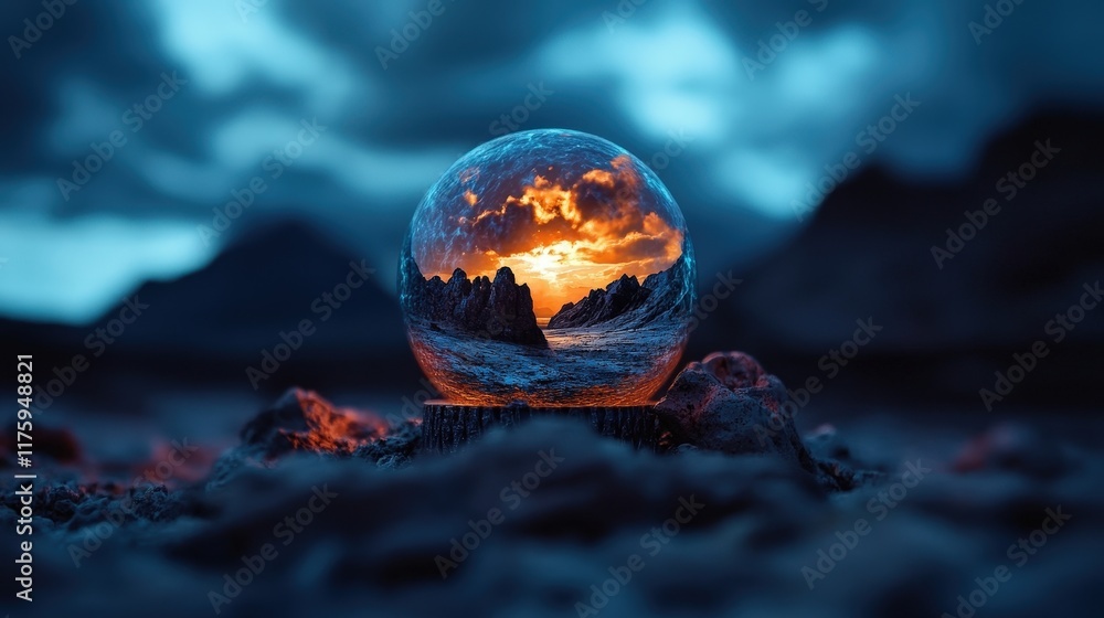 Fototapeta premium A stunning glass sphere reflects a breathtaking scene of jagged mountains and a dramatic sky, highlighting the beauty of nature through a unique artistic perspective.