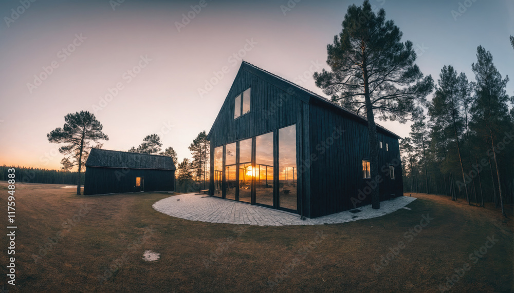 Fototapeta premium Modern black wooden house with large windows at sunset in a forest