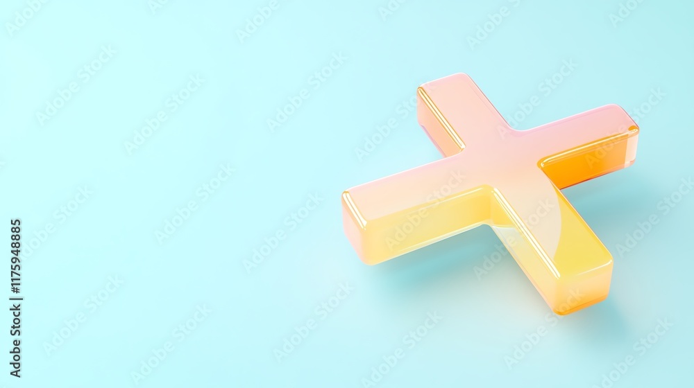 Obraz premium A colorful, glossy yellow cross on a soft blue background, symbolizing positivity, faith, and creativity in design.