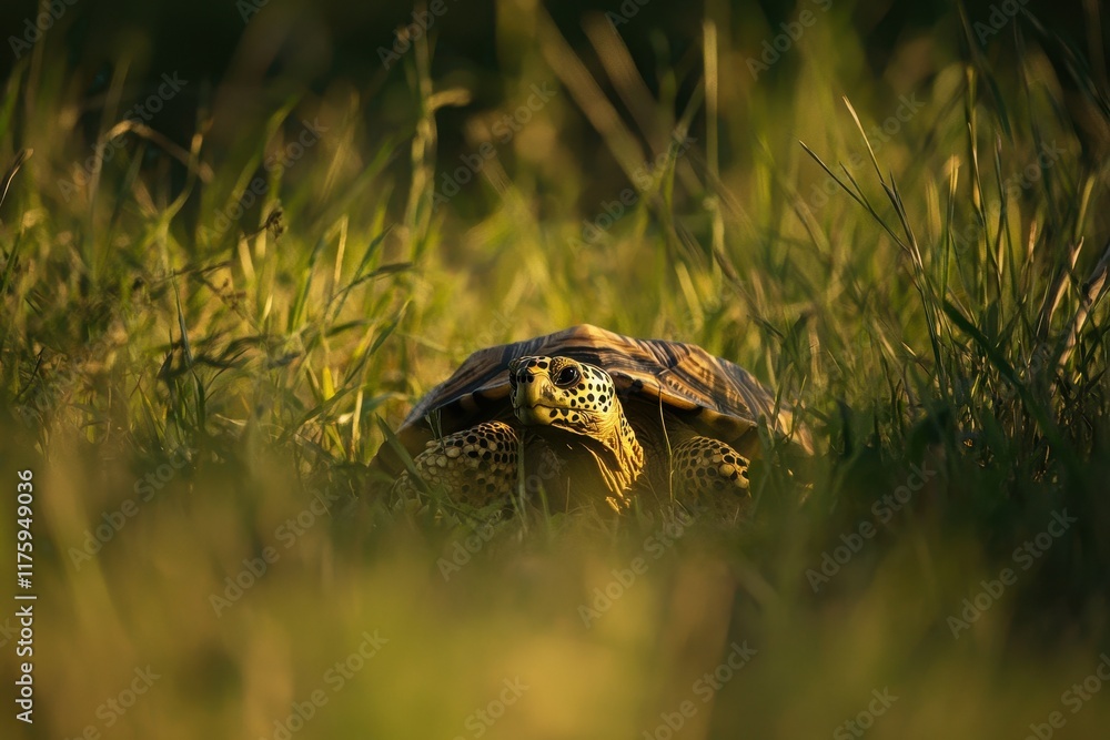 A beautiful image of a leopard tortoise slowly making its way through the grass A beautiful image of a leopard tortoise slowly making its way through the grass