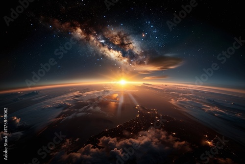 Captivating nighttime journey airplane window aerial view cosmic landscape dreamy perspective photo