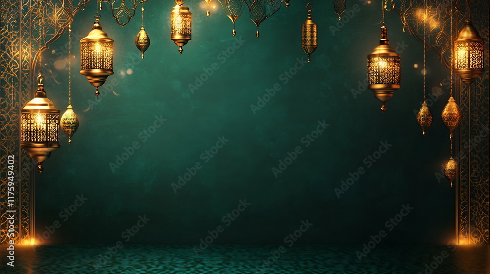 Luxurious Ramadan design with a deep emerald green background, adorned with golden lanterns, geometric patterns, and soft glowing light accents. Horizontal banner, copy space, greeting card Luxurious Ramadan design with a deep emerald green background, adorned with golden lanterns, geometric patterns, and soft glowing light accents. Horizontal banner, copy space, greeting card