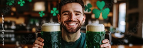 Joyful Man Celebrating St. Patrick's Day with Green Beer in Festive Pub Setting photo