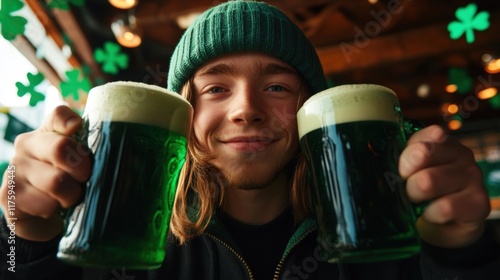 Joyful Man Celebrating St. Patrick's Day with Green Beer in Festive Pub Setting photo