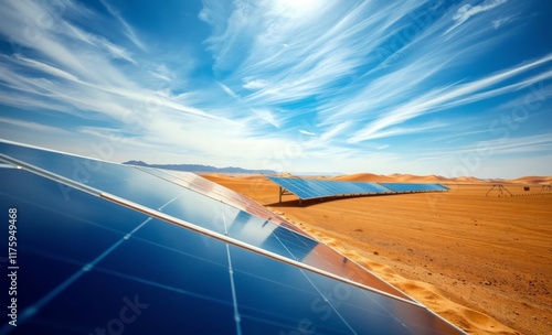 Row of solar panels in desert perfect for renewable energy concepts and environmental themes innovative solar panel innovation power electricity energy technology panel renewable photo