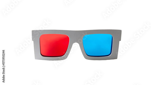 A pair of white 80's style 3D glasses made from white cardboard. There are red and blue transparent lenses, On isolated PNG background.