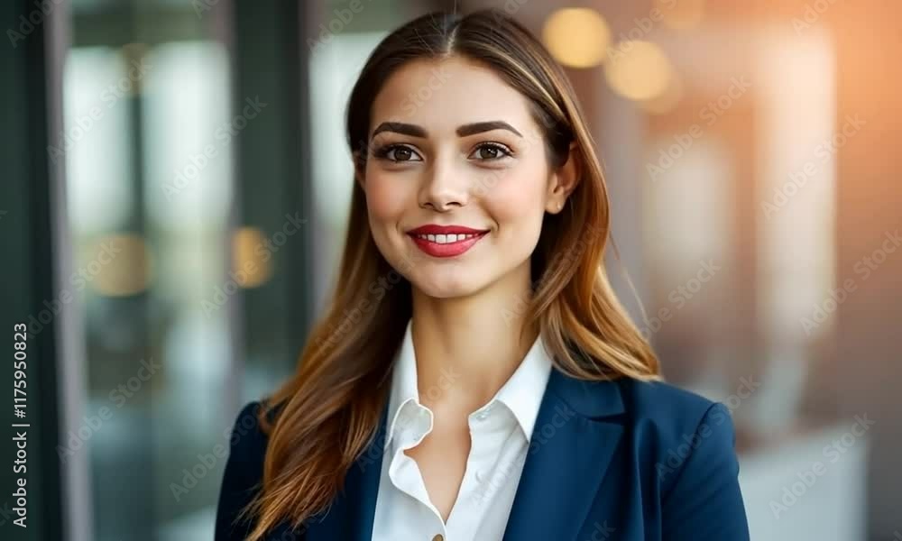 Confident Businesswoman Portrait: A successful, smiling woman in a blue blazer, exuding professionalism and ambition. Confident Businesswoman Portrait: A successful, smiling woman in a blue blazer, exuding professionalism and ambition.