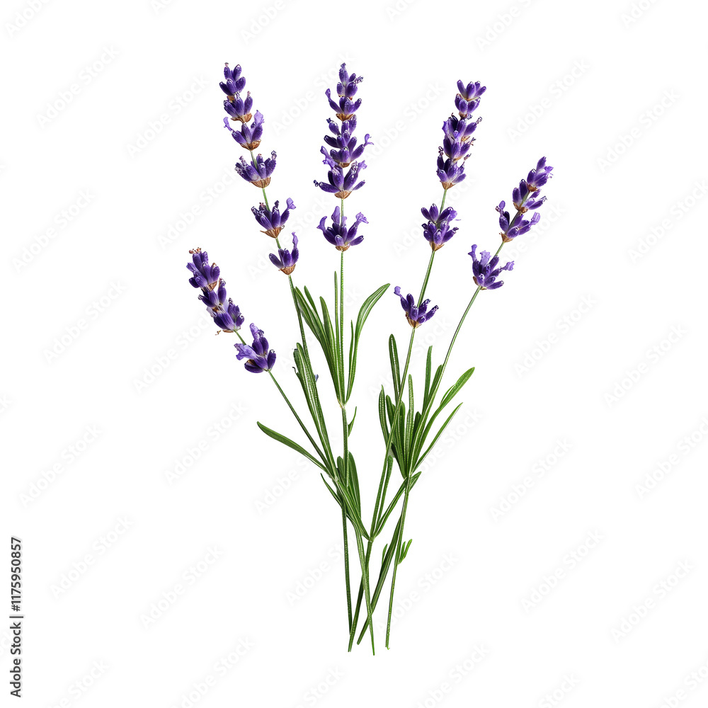Obraz premium Fresh lavender stems isolated against a transparent background showcasing vibrant purple flowers and green foliage, lavender isolated on transparent background
