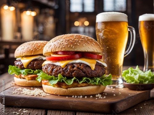 Rich burger with melted cheese, crisp lettuce, and ripe tomato, alongside a glass of beer. Captivating image for food blogs, promotional content, and restaurant branding focused on quality meals.