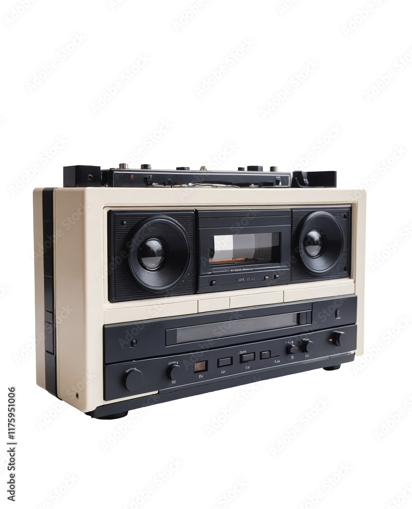 Obraz premium Black and white cassette tape player on isolated PNG background.