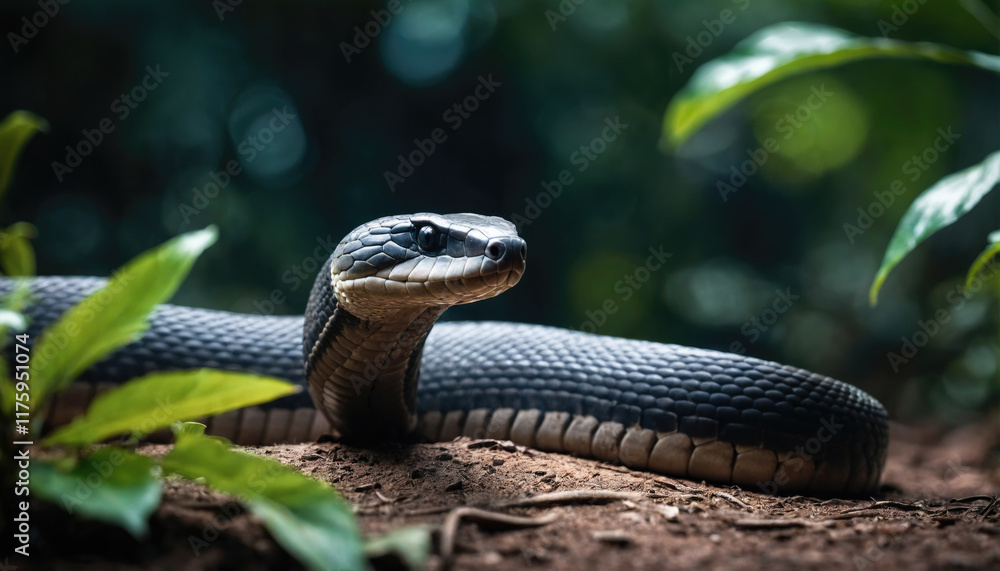 Fototapeta premium Black snake slithering through lush greenery in a tropical forest during daylight hours