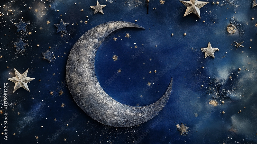 Naklejka premium Moon and stars on a deep blue background