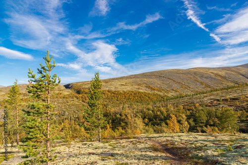 Autumn colored landscape at Khibiny mountains, Kola Peninsula, Murmansk region, Russia. photo