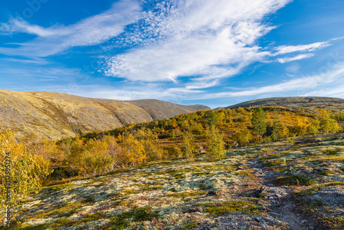 Obraz na płótnie Autumn colored landscape at Khibiny mountains, Kola Peninsula, Murmansk region, Russia. w salonie