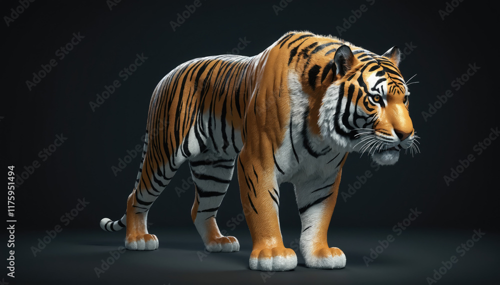 Obraz premium Realistic depiction of a majestic tiger standing confidently against a dark background with striking stripes and facial features