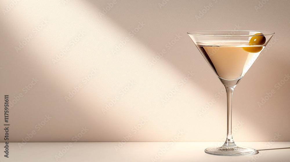 A single martini glass filled with a clear, perfectly mixed cocktail, garnished with a single olive. A single martini glass filled with a clear, perfectly mixed cocktail, garnished with a single olive.
