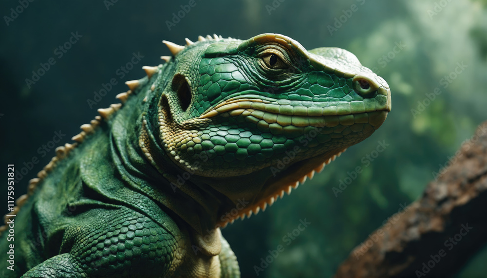 Obraz premium Close-up view of a green reptile showcasing unique features in a natural habitat during daylight