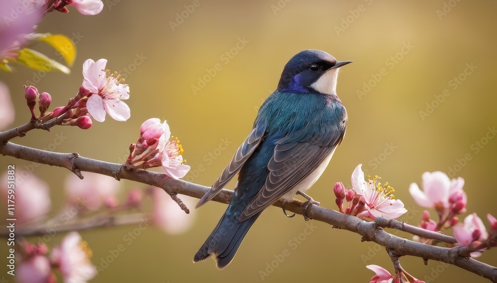 Fototapeta premium Close-up of a swallow resting among cherry blossoms, capturing the spirit of springtime with vivid colors and soft natural light