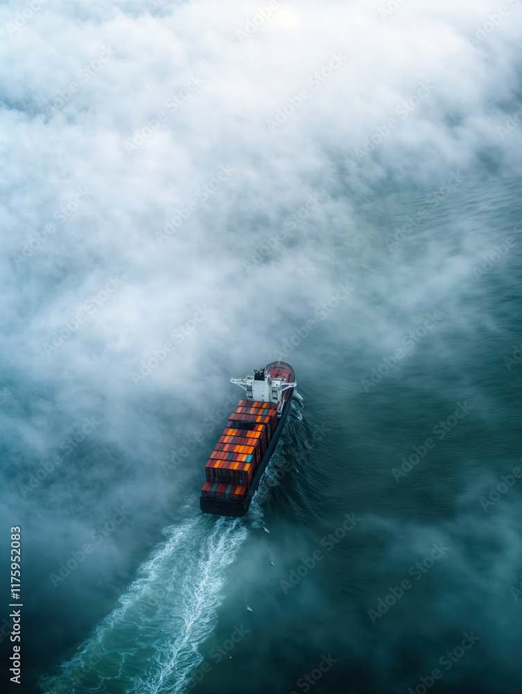 Fototapeta premium Cargo ship sailing on the ocean covered by fog, aerial view