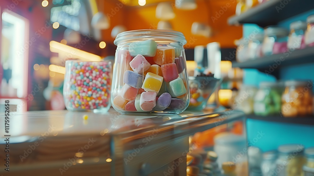 A close-up of colorful caramels and taffy displayed in a glass jar on a candy store counter A close-up of colorful caramels and taffy displayed in a glass jar on a candy store counter