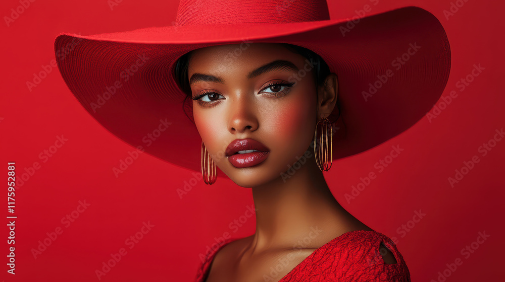 Fashion model wearing red hat and dress posing on red background Fashion model wearing red hat and dress posing on red background